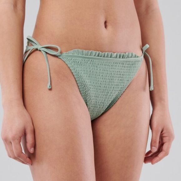 NWT - Hollister Women’s Smocked Ruffle Side-Tie Cheeky Bikini Bottom (Olive, XS) - Picture 2 of 8